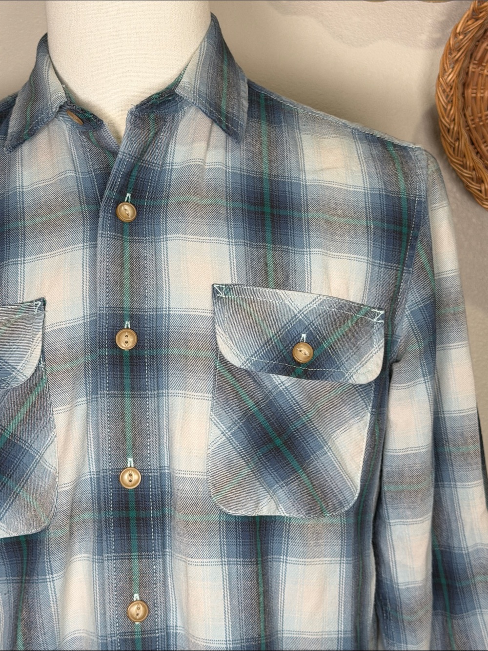 Pendleton Shirt Long Sleeve Cotton Button Up Turquoise Blue Gray Shadow Plaid Sm